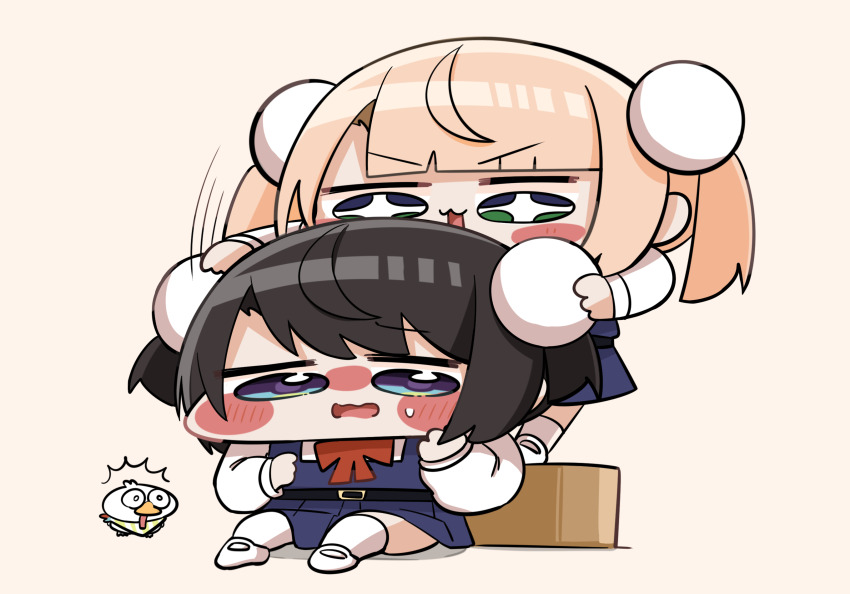 +_+, 2girls, aged_down, blonde_hair, blue_dress, blunt_bangs, bow, bowtie