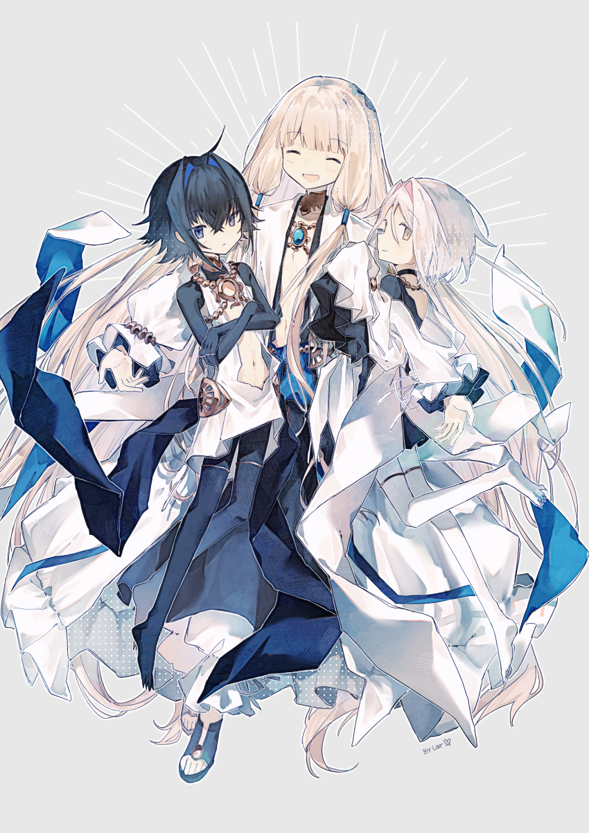 1boy, 2others, absurdres, androgynous, bell, black_hair, black_shrug, blonde_hair