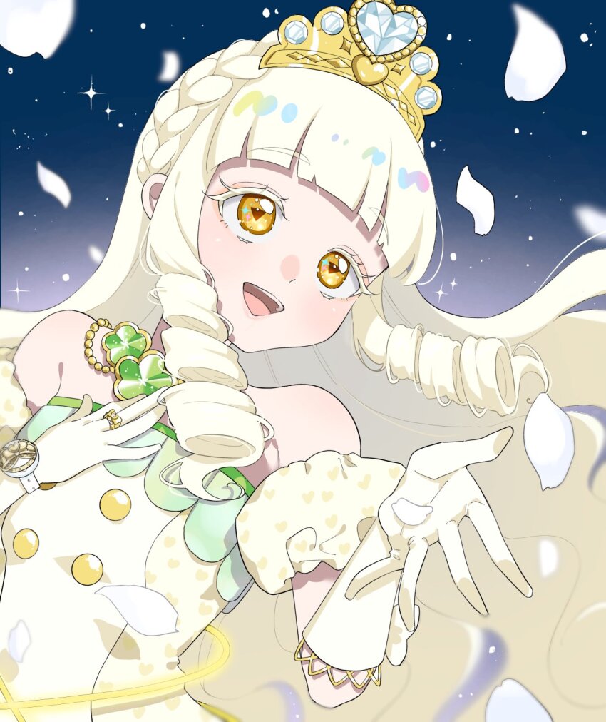 1girl, :d, bare_shoulders, blonde_hair, blue_background, blunt_bangs, bracelet, colored_eyelashes, commentary_request, dress, drill_hair, drill_sidelocks, elbow_gloves, falling_petals, floating_hair, gem, gloves, gradient_background, hand_on_own_chest, hands_up, heart, heart_print, highres, himitsu_no_aipri, idol, idol_clothes, jewelry, long_hair, open_hand, open_mouth, petals, pretty_series, puffy_short_sleeves, puffy_sleeves, ring, short_sleeves, sidelocks, sleeveless, sleeveless_dress, smile, solo, straight_hair, strapless, strapless_dress, suzukaze_tsumugi_(princess_aipri), symbol-shaped_pupils, teeth, tiara, triangle-shaped_pupils, upper_body, upper_teeth_only, white_dress, white_gem, white_gloves, white_sleeves, yellow_eyes, yunomikuchi