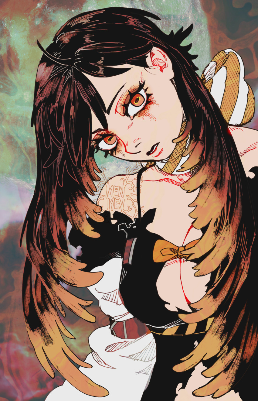 1girl, amo_empool, artist_name, black_dress, black_hair, breasts, colorful_background, detached_sleeves, dress, gachiakuta, gradient_hair, head_tilt, highres, horizontal_pupils, large_breasts, long_hair, looking_at_viewer, mewiyev, multicolored_hair, orange_eyes, orange_hair, parted_lips, solo, two-tone_hair, upper_body, very_long_hair, white_sleeves