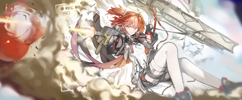 1girl, absurdres, arknights, black_gloves, black_jacket, black_shoes, breasts, cannon