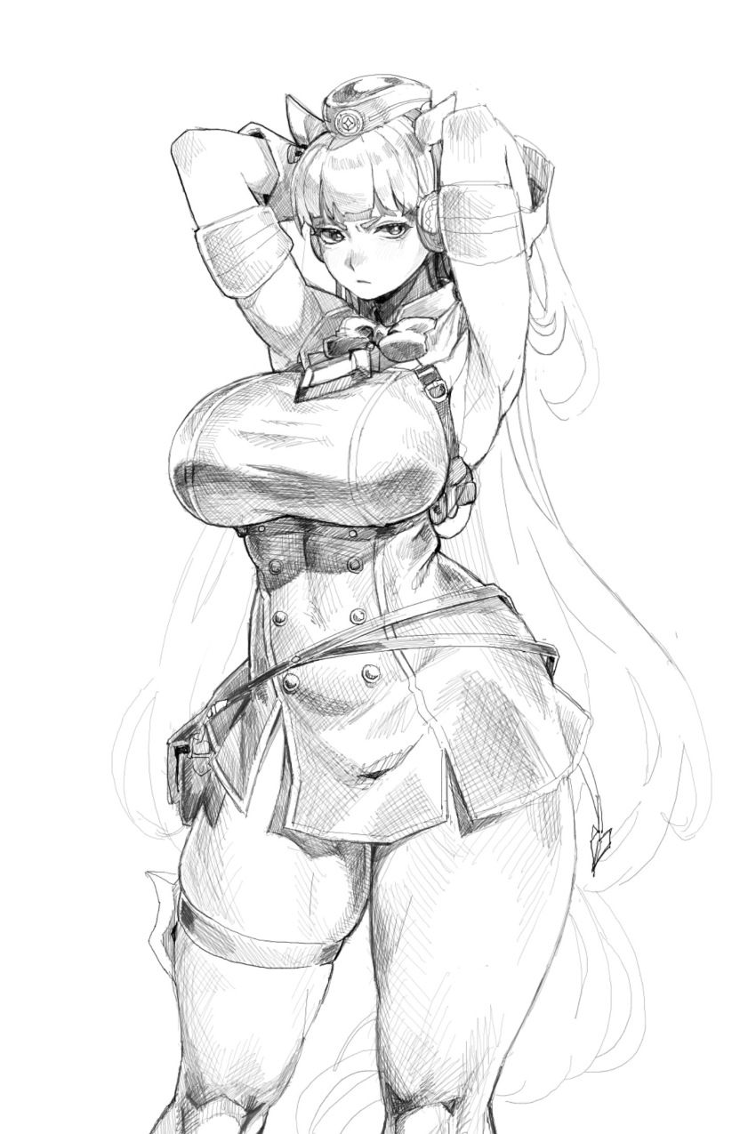 1girl, animal_ears, armband, armpits, arms_up, belt_pouch, blunt_bangs, bow