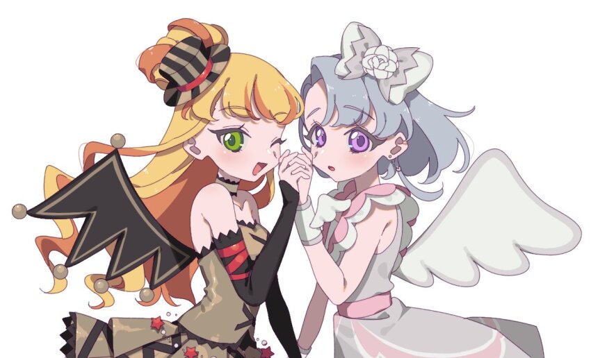 2girls, :d, :o, arm_warmers, bare_shoulders, black_sleeves, black_wings, blonde_hair