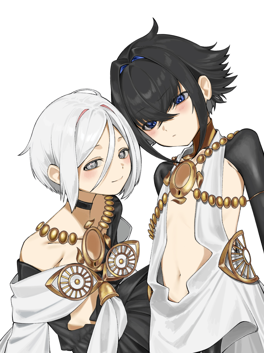 2others, absurdres, bare_shoulders, black_hair, black_pantyhose, black_shirt, black_shrug, blue_eyes