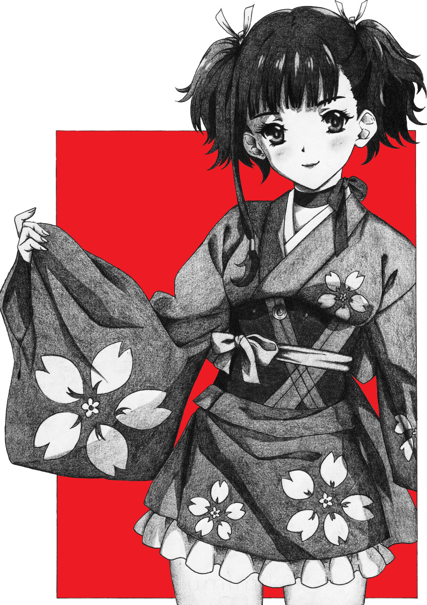 1girl, absurdres, blunt_bangs, blush, choker, fumimik0, hair_tie, hand_up