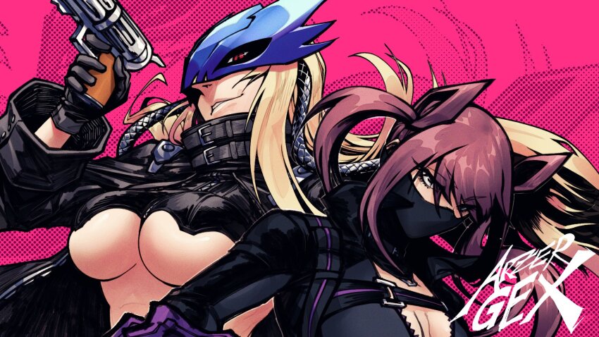 2girls, artist_name, arzergex, beelstarmon, black_bodysuit, black_coat, black_mask, blonde_hair