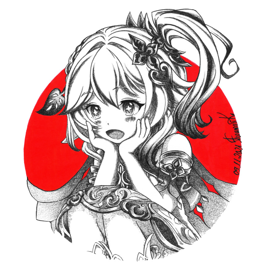 1girl, blush, flower, from_side, fumimik0, genshin_impact, hair_flower, hair_ornament