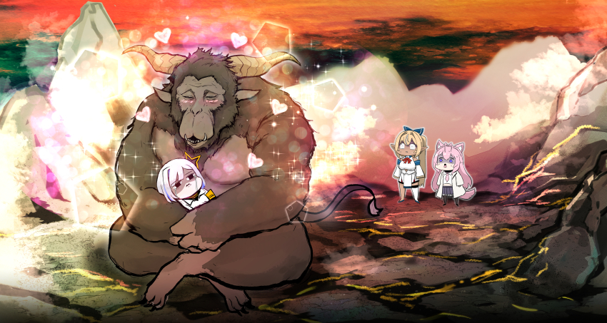 1boy, 3girls, absurdres, amane_kanata, amane_kanata_(1st_costume), armband, aura, black_eyes