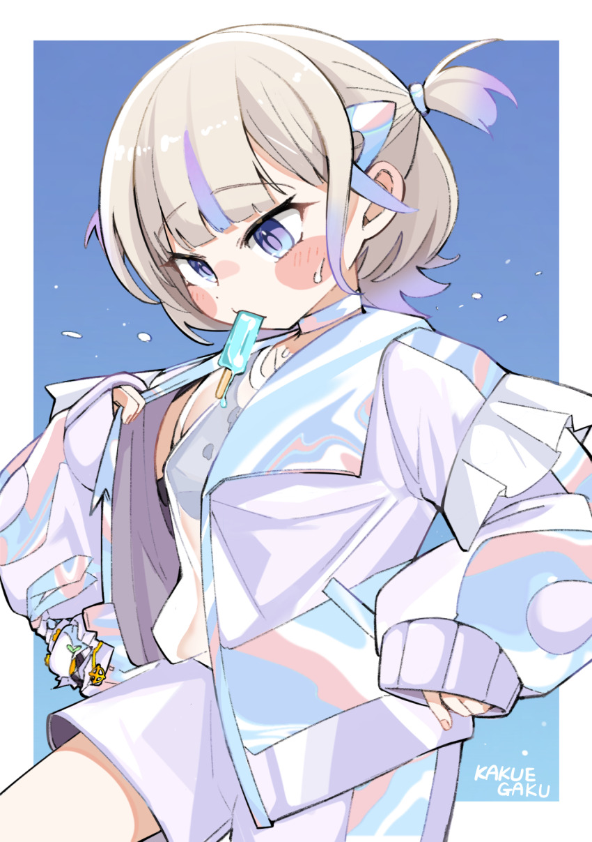 1girl, artist_name, banpen_(todoroki_hajime), black_sports_bra, blonde_hair, blue_background, blush_stickers, bra_visible_through_clothes