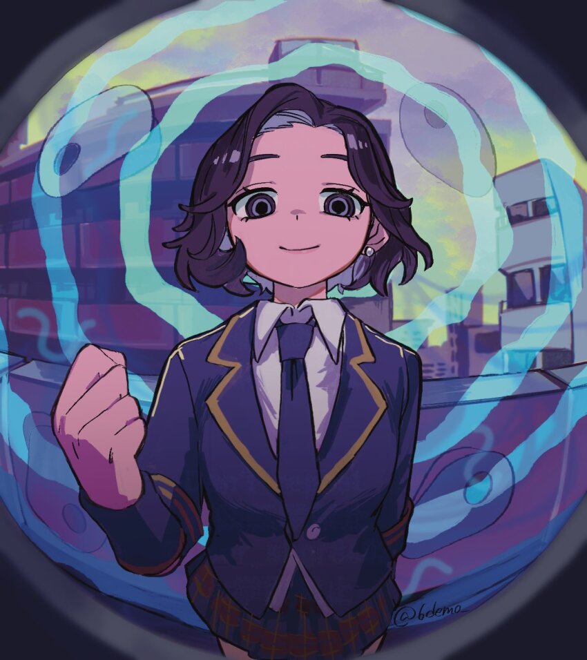 1girl, 6demo, blue_jacket, blue_necktie, brown_hair, earrings, highres, identity_v