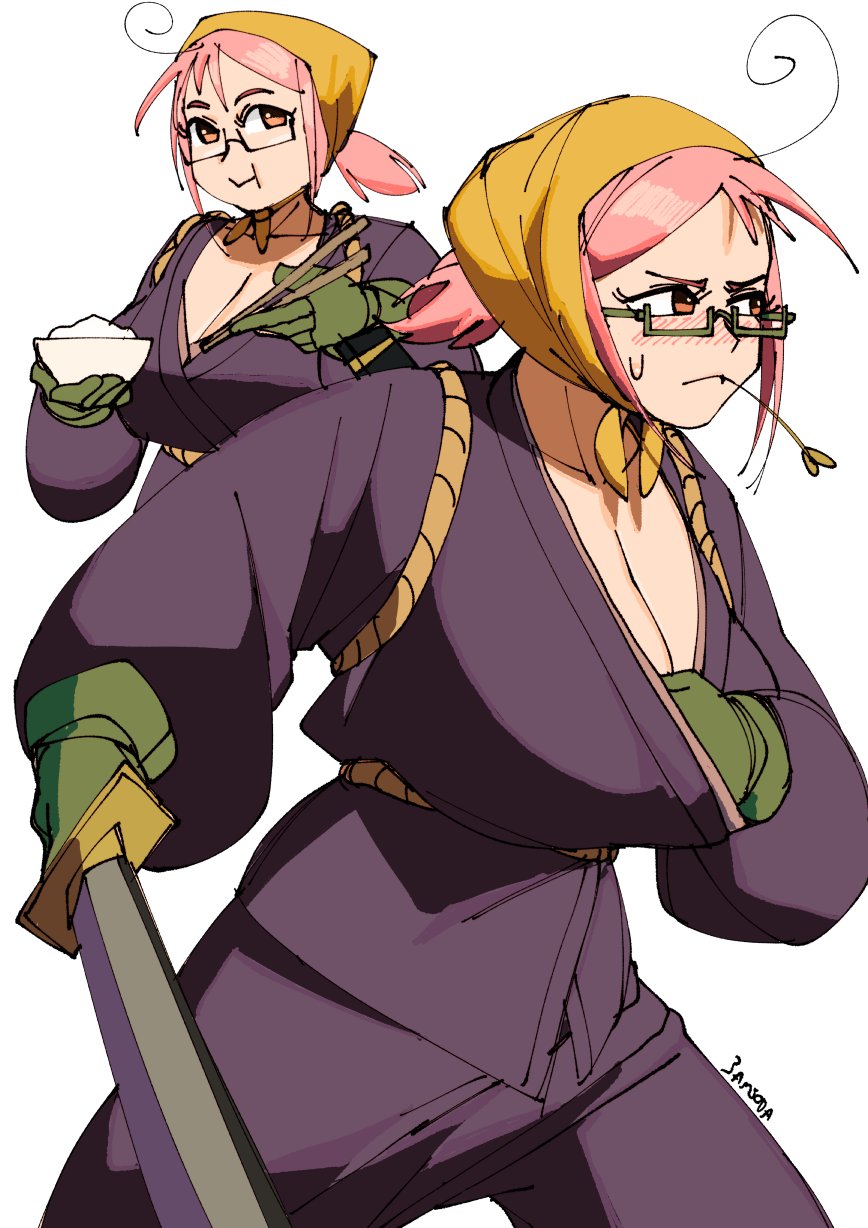 1girl, 3amsoda, :i, ahoge, artist_name, blush, bowl, breasts