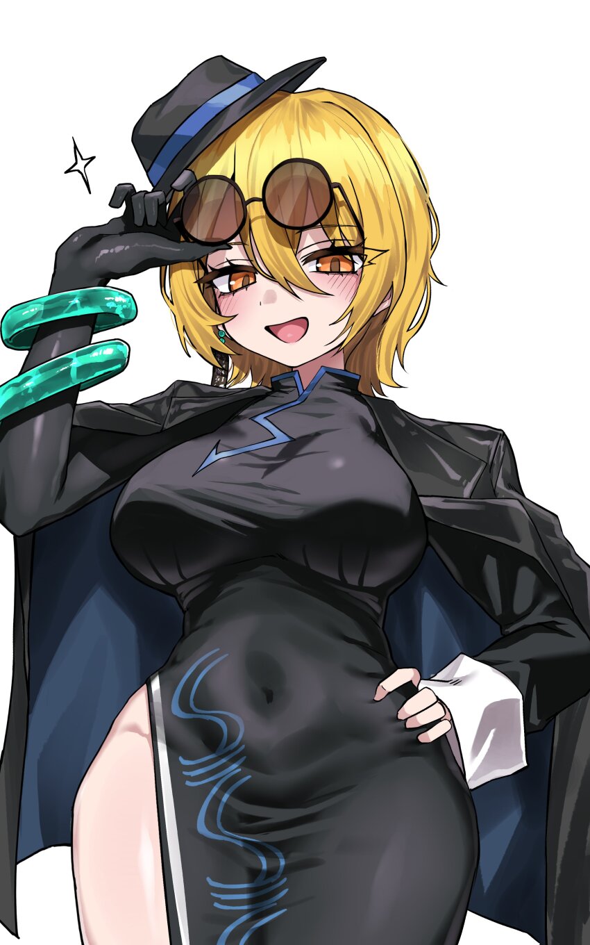 1girl, :d, absurdres, adjusting_eyewear, black_coat, black_dress, black_hat, blonde_hair