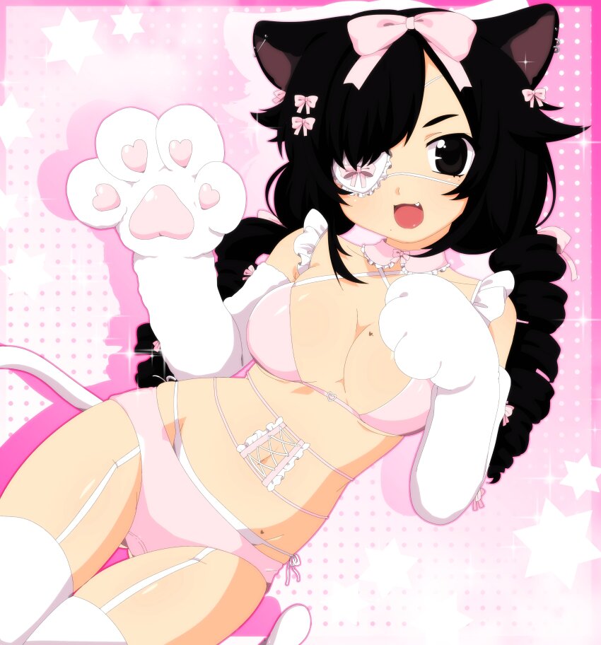 1girl, absurdres, animal_ear_piercing, animal_ears, animal_hands, bk_(barakoodra), black_hair, bow, bra, drill_hair, eyepatch, fang, gloves, hair_bow, highres, lingerie, looking_at_viewer, open_mouth, original, panties, paw_gloves, pink_panties, smile, solo, thighhighs, twin_drills, twintails, underwear