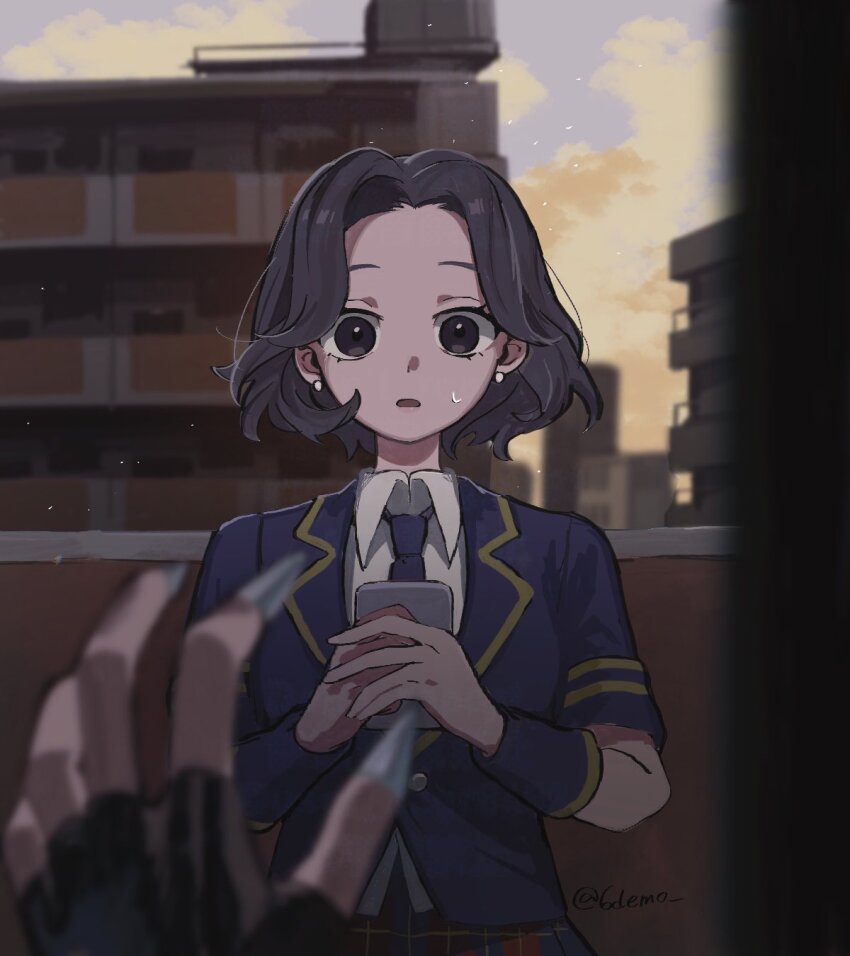 1boy, 1girl, 6demo, blue_jacket, blue_necktie, blue_wrist_cuffs, brown_eyes, earrings