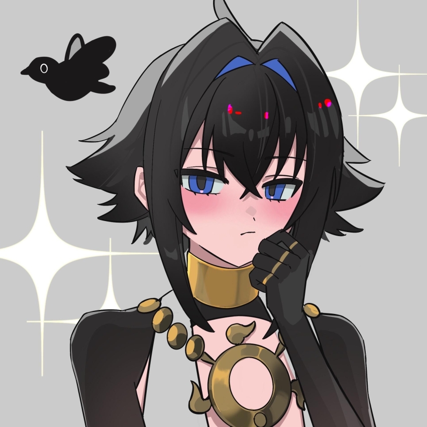 1other, bird, black_hair, black_shrug, blue_eyes, blue_hair, blush, center_opening, closed_mouth, crossed_bangs, fate/grand_order, fate_(series), hair_between_eyes, hair_intakes, highres, jewelry, long_sleeves, looking_at_viewer, multicolored_hair, neck_ring, necklace, ninahatsu, raven_(fate), ring, shirt, short_hair, shrug_(clothing), sparkle, two-tone_hair, white_shirt