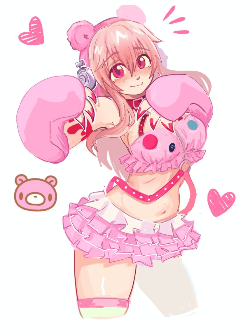 1girl, animal_ear_headphones, animal_ears, bear_ear_headphones, bear_ears, bear_paw, belt, breasts, cleavage, closed_mouth, collar, crop_top, cropped_legs, dummamay, fake_animal_ears, frilled_shirt, frilled_skirt, frills, gloomy_bear, gloves, grg_x_super_sonico, headphones, heart, highres, itazuraguma_no_gloomy, large_breasts, light_blush, long_hair, midriff, miniskirt, navel, nitroplus, pink_belt, pink_collar, pink_eyes, pink_gloves, pink_hair, pink_skirt, shirt, simple_background, skirt, smile, solo, super_sonico, thigh_strap, white_background