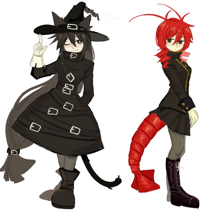 2girls, animal_ears, antenna_hair, arm_behind_back, belt, black_belt, black_boots, black_dress
