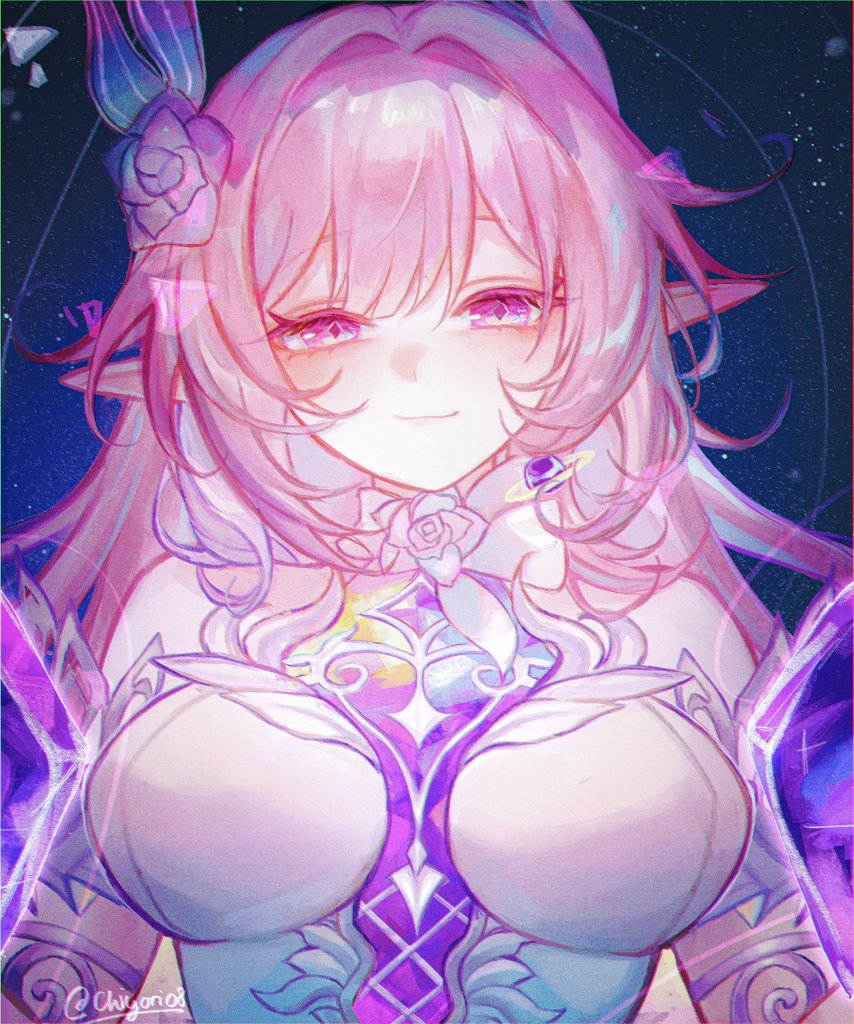 1girl, bare_shoulders, breasts, chiyori08, commentary, cyrene_(honkai:_star_rail), cyrene_(demiurge)_(honkai:_star_rail), diamond-shaped_pupils