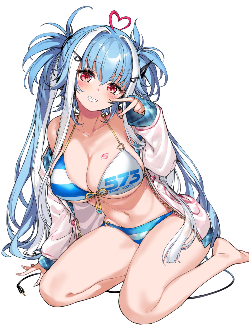 1girl, ahoge, bemani, bikini, blue_hair, breasts, full_body, highres
