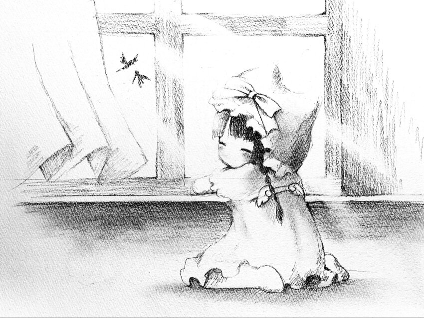 1girl, against_windowsill, animal_ear_headwear, animal_ears, bad_id, bad_twitter_id, bird, blush