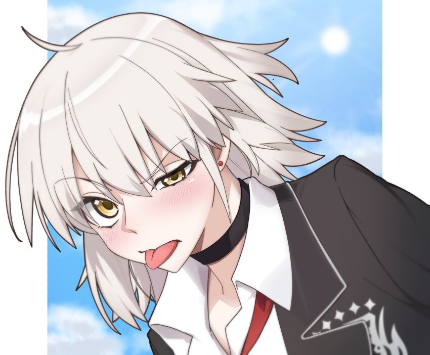 1girl, absurdres, ahoge, black_choker, black_jacket, blush, choker, ear_piercing