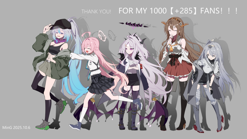 5girls, absurdres, ahoge, black_coat, black_halo, blue_archive, blue_hair, breasts