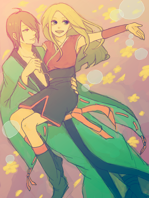 1boy, 1girl, amr, black_hair, blonde_hair, blue_eyes, bubble, hotaru_(naruto)