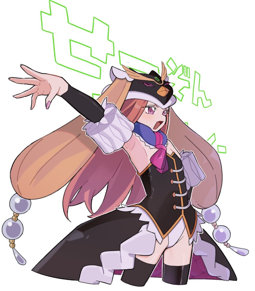 1girl, animal_hat, black_sleeves, black_thighhighs, brown_hair, cropped_legs, detached_sleeves, fingernails