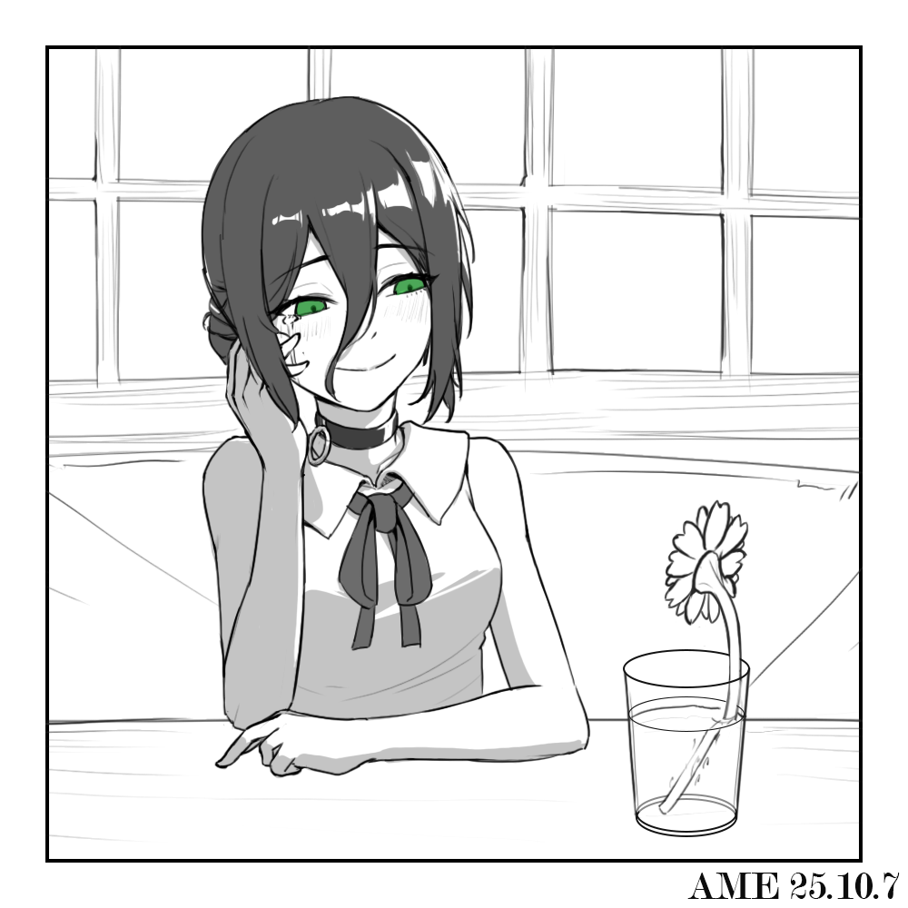 1girl, amely_elden, chainsaw_man, closed_mouth, cup, flower, green_eyes, greyscale
