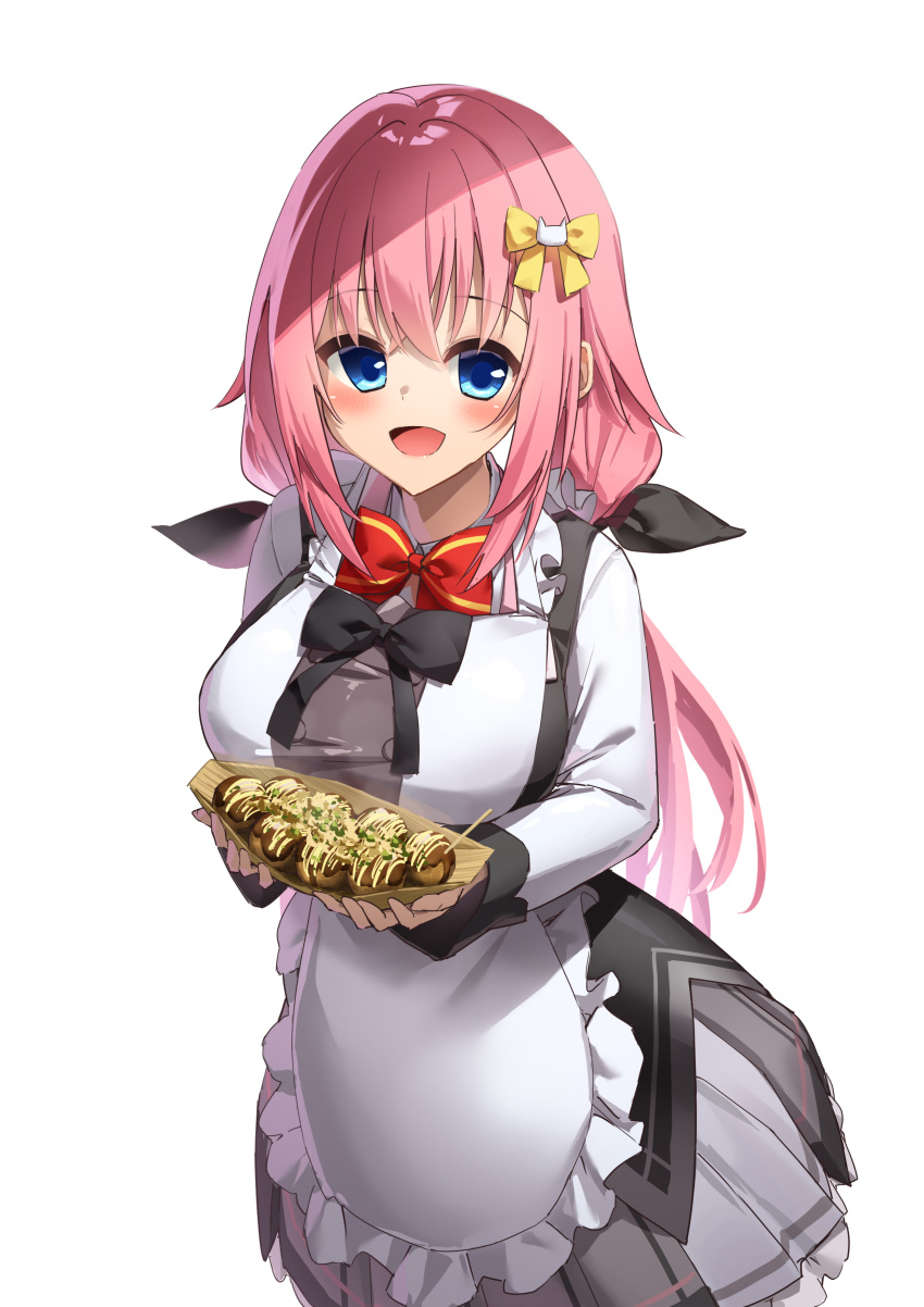 1girl, :d, absurdres, adapted_costume, apron, black_bow, blue_eyes, blush