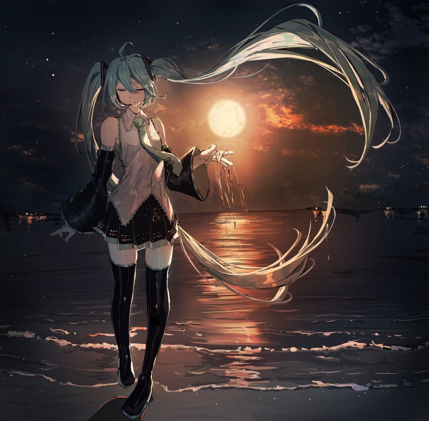 absurdres, aqua_eyes, aqua_hair, aqua_nails, aqua_necktie, black_sleeves, detached_sleeves, grey_shirt, hatsune_miku, headphones, headset, highres, long_hair, masii1120, necktie, shirt, sleeveless, sleeveless_shirt, twintails, very_long_hair, vocaloid