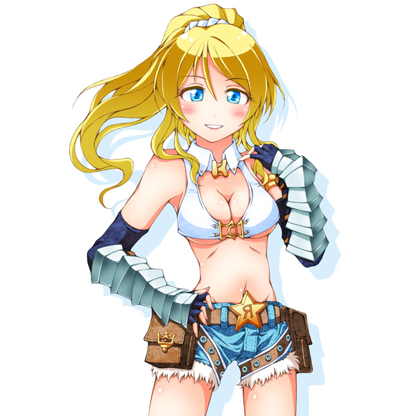 1girl, ayase_eli, belt, belt_buckle, belt_pouch, bikini, bikini_top_only, black_gloves