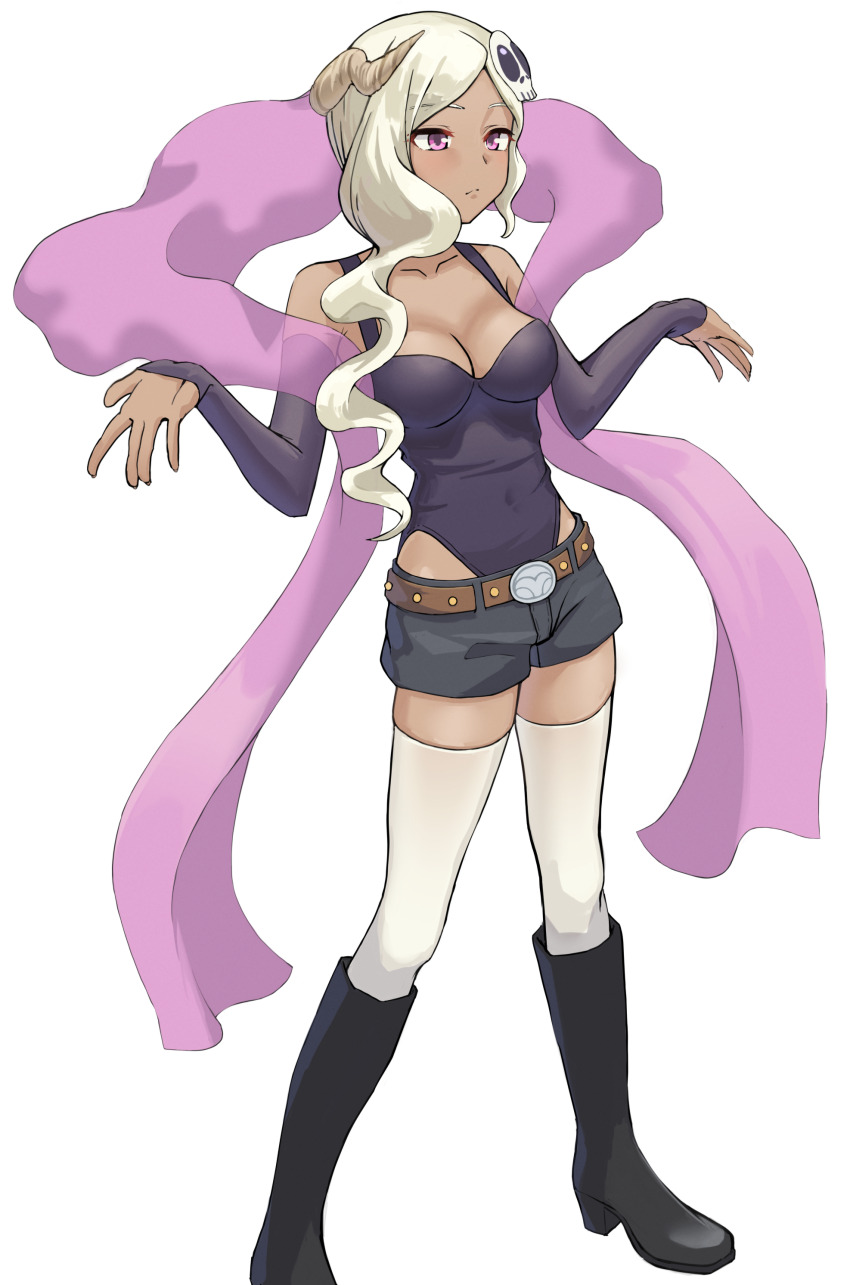 1girl, absurdres, armpit_crease, asymmetrical_hair, bare_shoulders, belt, belt_buckle, black_boots