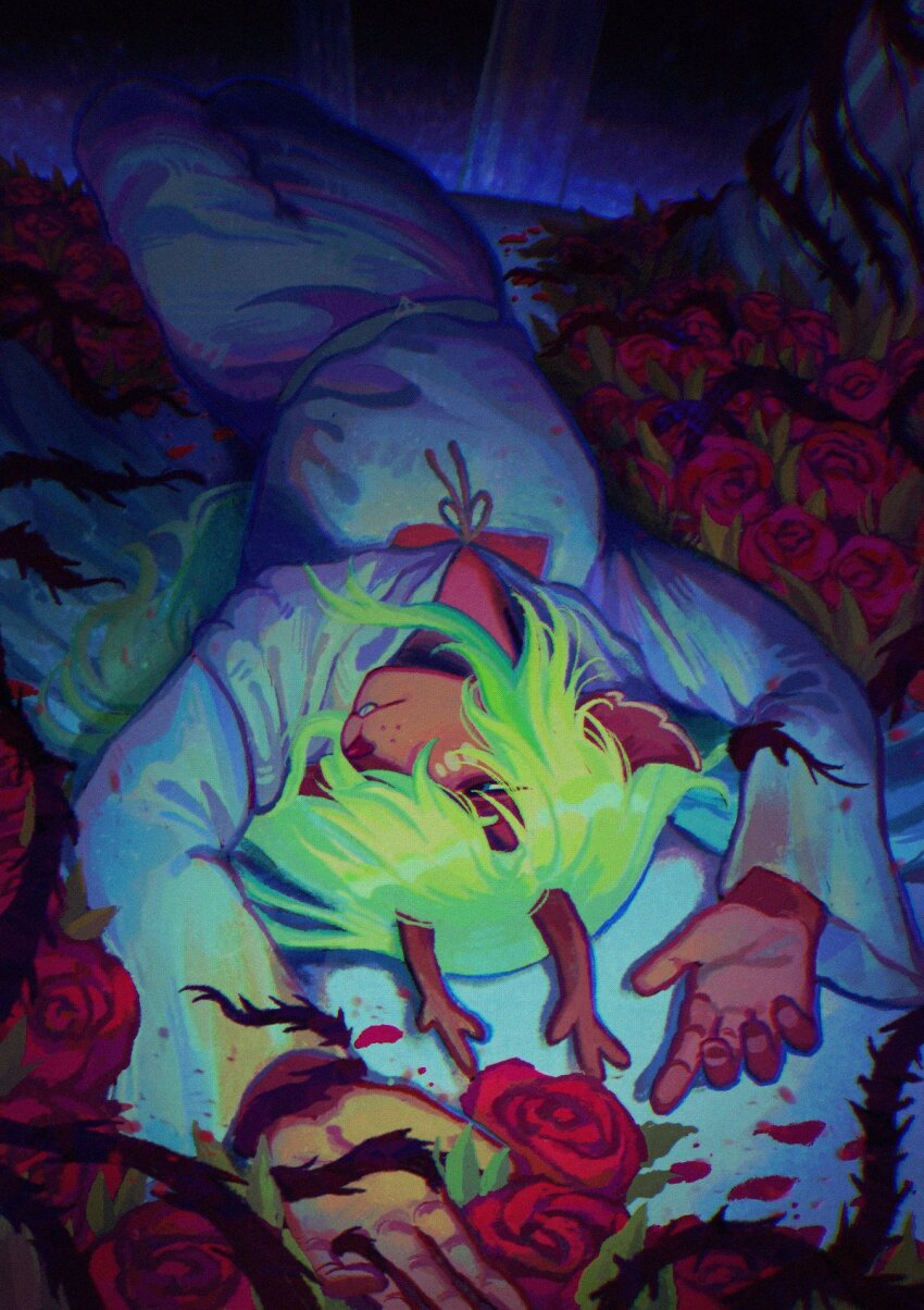 1girl, antlers, blonde_hair, commentary, deer_antlers, deltarune, english_commentary, flower