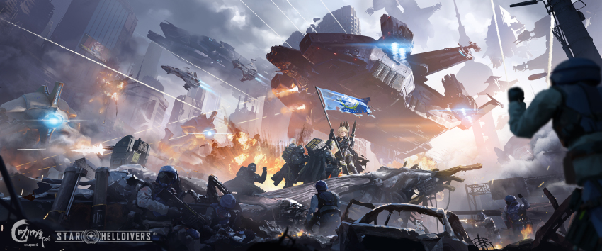 1girl, 6+others, aircraft, alternate_height, ar-23_liberator, arm_up, armor, assault_visor