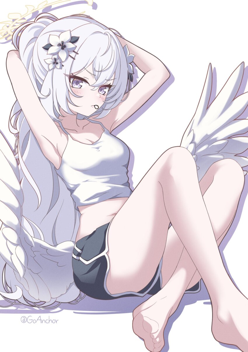 1girl, armpits, arms_behind_head, azusa_(blue_archive), bare_arms, bare_legs, bare_shoulders, barefoot, blue_archive, breasts, cleavage, collarbone, dolphin_shorts, feathered_wings, flower, goanchor, grey_hair, hair_between_eyes, hair_flower, hair_ornament, hair_tie, hair_tie_in_mouth, hairclip, halo, highres, long_hair, mouth_hold, navel, ponytail, purple_eyes, short_shorts, shorts, simple_background, sitting, small_breasts, solo, stomach, tank_top, thighs, wings, yellow_halo