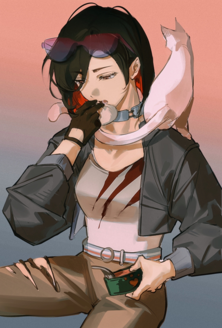 1girl, absurdres, alternate_costume, animal, animal_on_shoulder, black_gloves, black_hair, brown_eyes