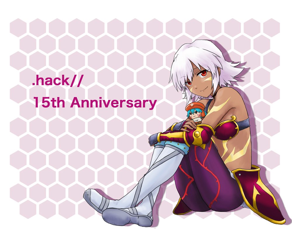 .hack//, .hack//tasogare_no_udewa_densetsu, 1girl, armor, bikini_armor, choker, closed_mouth, dark-skinned_female, dark_skin, full_body, gentouka, kunisaki_rena, kunisaki_shugo, looking_at_viewer, pantyhose, purple_hair, short_hair, smile, solo, stuffed_toy, tattoo