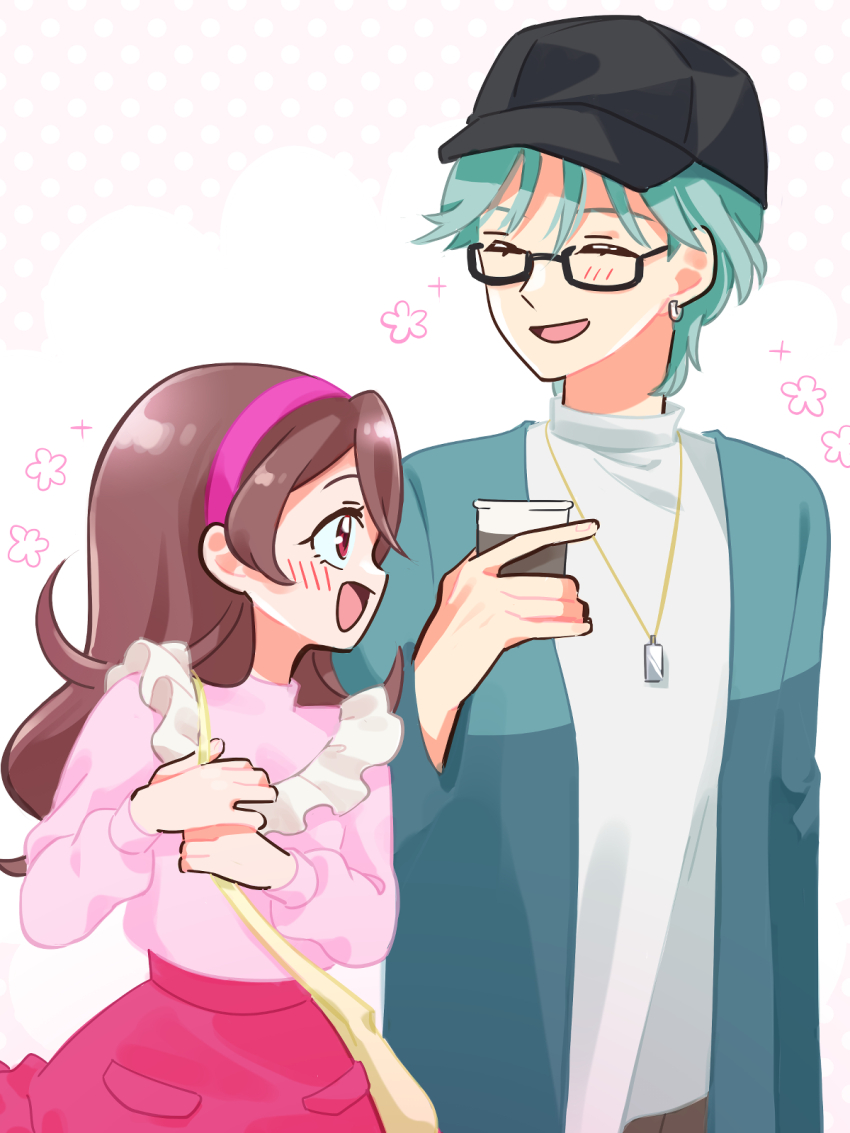 1boy, 1girl, bag, baseball, baseball_cap, blush, brown_hair, cardigan