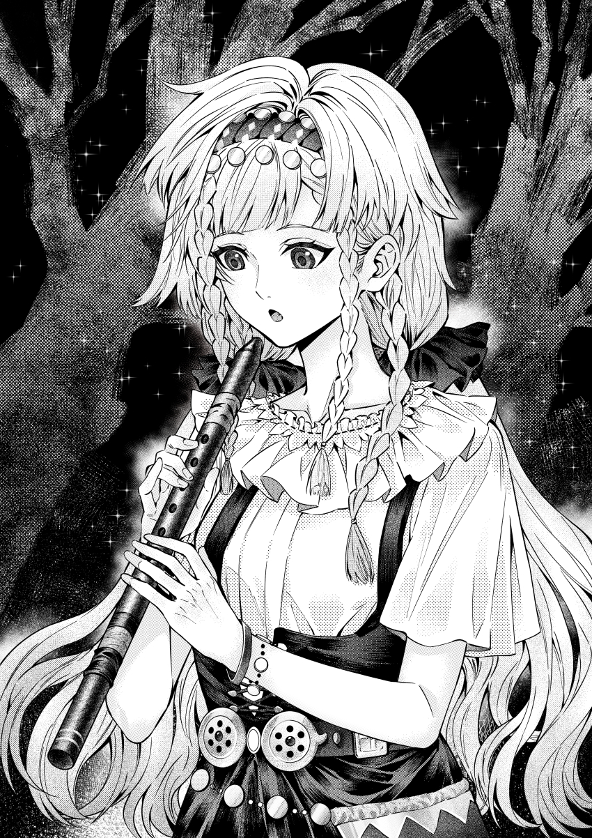 1girl, :o, absurdres, bai_wuya_bu_he_naicha_yo, black_background, corset, flute, frilled_shirt_collar