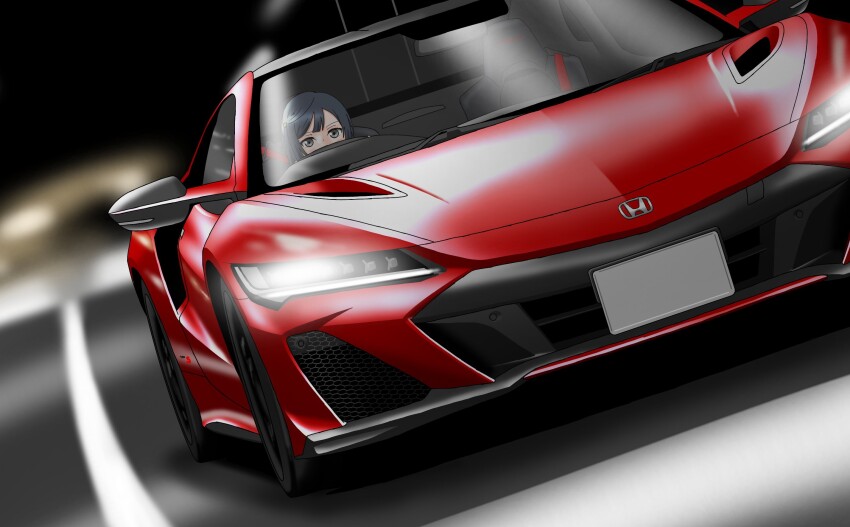 1girl, black_hair, blurry, blurry_background, commentary_request, driving, grey_eyes, headlamp