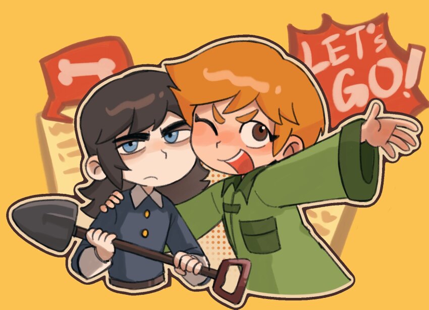 1boy, 1girl, abaddon_(haunted_hotel), abaddon_(human)_(haunted_hotel), blue_eyes, blue_shirt, brown_eyes, brown_hair, chinese_commentary, coat, commentary_request, deformed, english_text, esther_freeling, green_coat, haunted_hotel, highres, holding, holding_shovel, long_hair, looking_at_viewer, one_eye_closed, orange_hair, outstretched_arm, qgwanzzz, shirt, short_hair, shovel, yellow_background