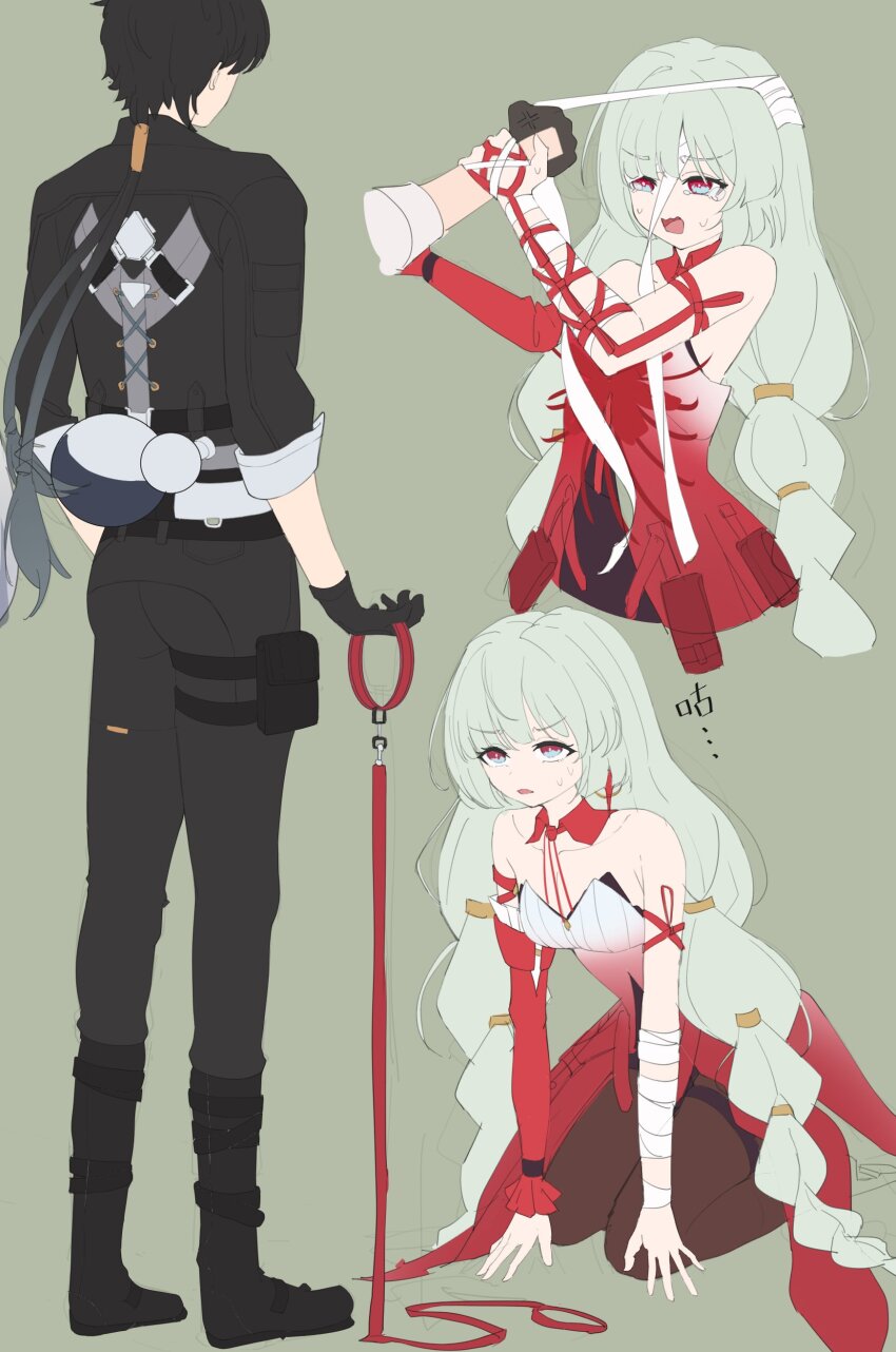 ..., 1boy, 1girl, absurdres, anger_vein, ass, bandage_pull, bandaged_arm, bandaged_head, bandages, bare_shoulders, bell_sleeves, belt, black_belt, black_boots, black_gloves, black_hair, black_jacket, black_pants, black_pantyhose, blue_eyes, boots, braid, bright_pupils, collar, commentary, cross-laced_clothes, defeat, detached_collar, detached_sleeves, disembodied_hand, dress, facing_away, fighting, flat_color, full_body, furrowed_brow, gloves, gradient_clothes, gradient_dress, green_background, green_hair, hair_tubes, highres, holding, holding_another's_wrist, holding_collar, humiliation, jacket, leash, long_hair, long_sleeves, looking_ahead, low-braided_long_hair, low-tied_long_hair, low_twin_braids, male_rover_(wuthering_waves), multi-tied_hair, multicolored_eyes, multiple_views, open_mouth, pangu_terminal_(wuthering_waves), pants, pants_tucked_in, pantyhose, phrolova_(wuthering_waves), pouch, red_collar, red_dress, red_eyes, red_sleeves, rover_(wuthering_waves), seiza, simple_background, single_detached_sleeve, sitting, standing, strapless, strapless_dress, sweatdrop, tearing_up, tears, thigh_pouch, thigh_strap, thighband_pantyhose, three-quarter_sleeves, toriaki, translation_request, twin_braids, two-tone_eyes, unworn_collar, v-shaped_eyebrows, very_long_hair, white_pupils, wing_collar, wuthering_waves