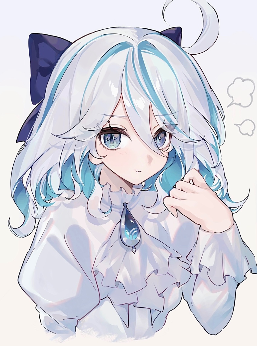 1girl, :t, blue_bow, blue_eyes, bow, cowlick, drop-shaped_pupils, furina_(genshin_impact), genshin_impact, hair_bow, haru_1un, heterochromia, highres, mismatched_pupils, multicolored_hair, pour, simple_background, solo, streaked_hair, symbol-shaped_pupils, upper_body, white_background