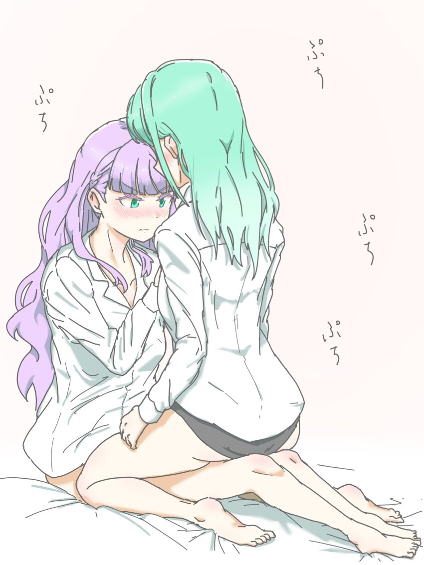 2girls, aqua_eyes, aqua_hair, barefoot, black_panties, blunt_bangs, blush, center-flap_bangs