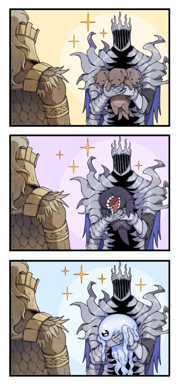 2boys, adel_(elden_ring), animal, armor, blue_background, blue_cape, breastplate, cape, cerberus, dog, donar0217, elden_ring, elden_ring_nightreign, fake_horns, fulghor_(elden_ring), gauntlets, gladius_(elden_ring), helmet, heolstor_the_nightlord, highres, holding, holding_animal, horned_helmet, horns, maris_(elden_ring), monster, multiple_boys, open_mouth, pauldrons, plume, purple_background, scale_armor, shoulder_armor, sparkle, tail, teeth, upper_body, yellow_background