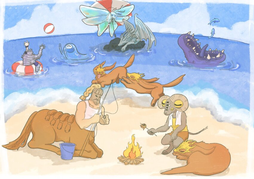 adel_(elden_ring), animal, beach, braid, bucket, bug, caligo_miasma_of_night, campfire