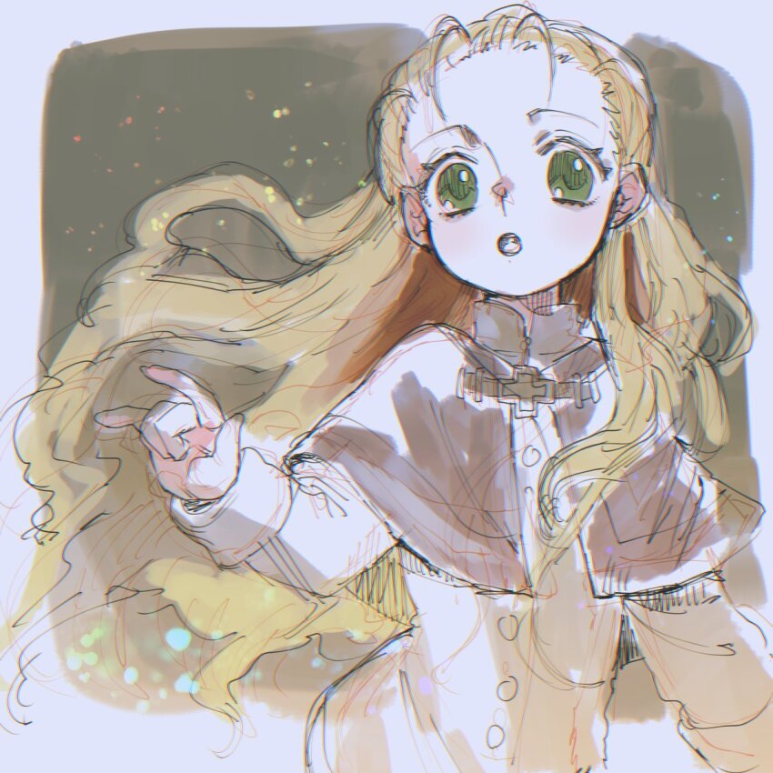 1girl, blonde_hair, capelet, dress, green_eyes, hairband, hayasaka_mebawe, highres