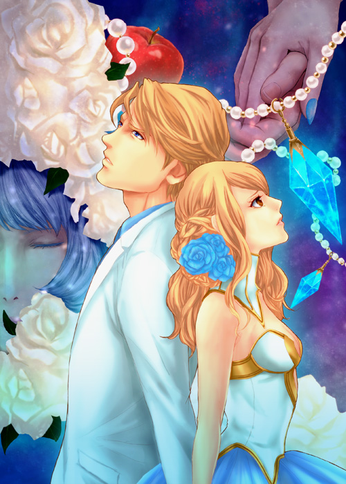 10s, 1boy, 2girls, apple, bare_shoulders, blonde_hair, blue_eyes, blue_flower