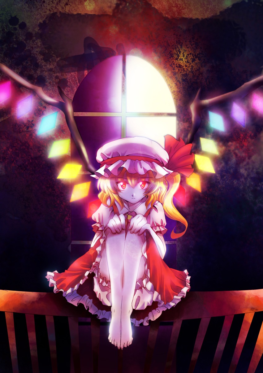 1girl, absurdres, barefoot, blonde_hair, bloomers, crystal, female_focus, flandre_scarlet